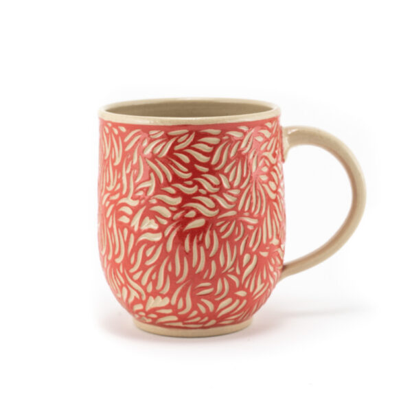 Peipuscraft ceramicist Kaur Vasli red mug in sgraffito technique